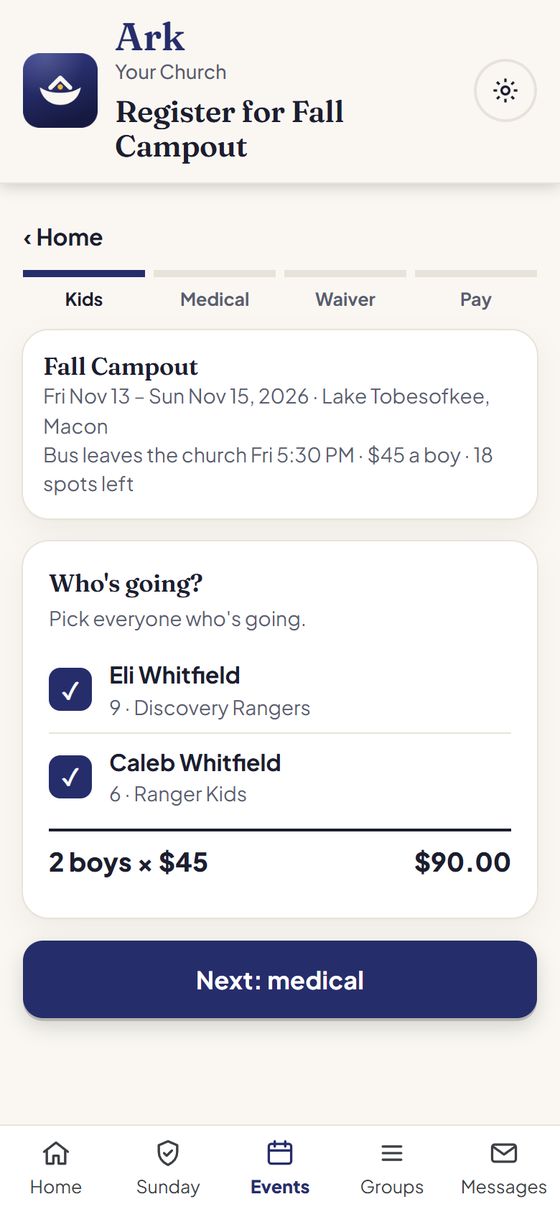 Register for Fall Campout, step 1 of 4: Eli and Caleb are both checked. 2 boys at $45, $90.00 total, and a Next: medical button.